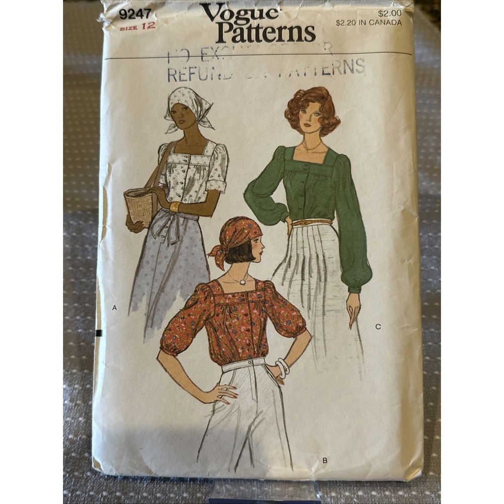 Vintage VOGUE Pattern 9247 SZ 12 Uncut 70s Peasant Prairie Square Neck Blouse